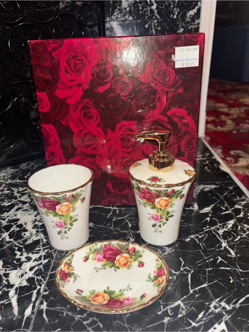 Royal Albert Floral Porcelain Bath Set - White with Pink, Yellow & Red Roses